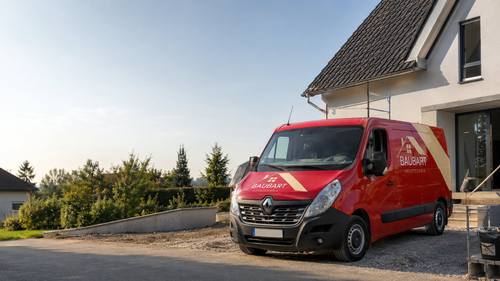 BAUBART Haustechnik Fahrzeug vor renovierter Immobilie in Mönchengladbach