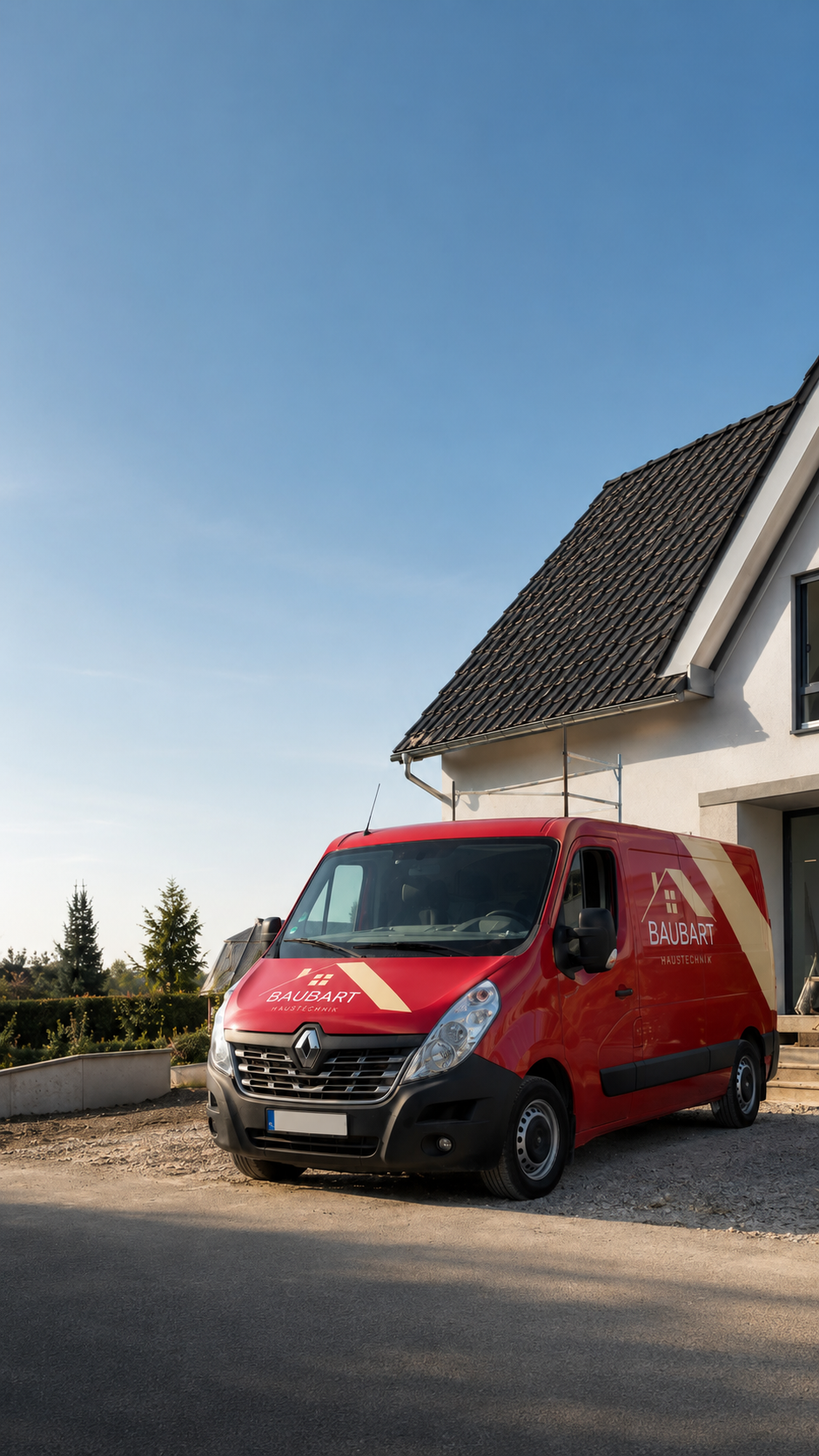 BAUBART Haustechnik Servicefahrzeug vor einem Wohnhaus in Mönchengladbach